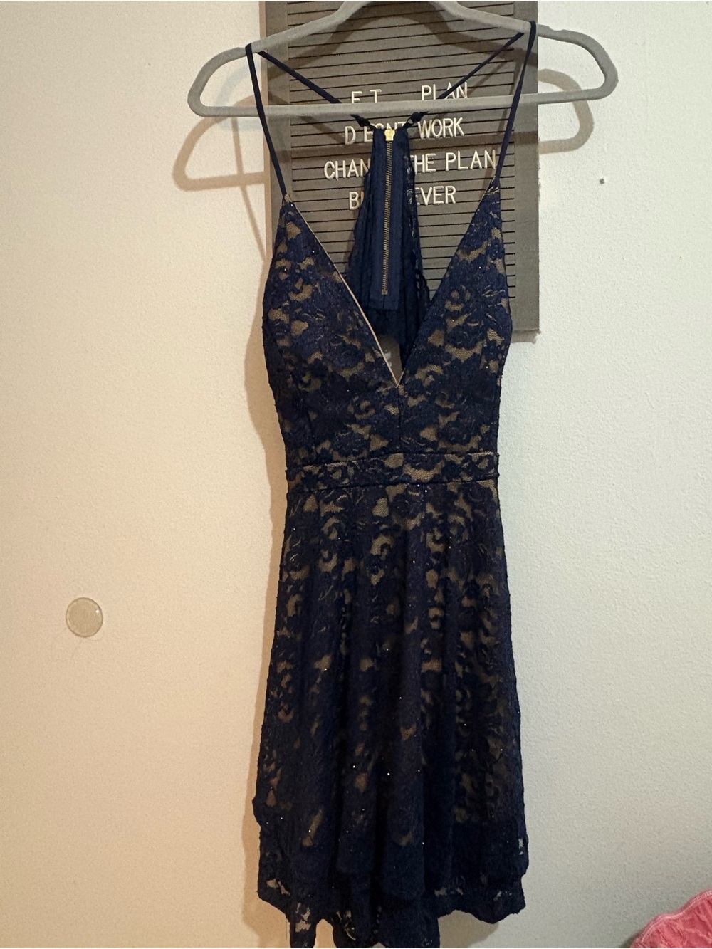 Sleeveless Navy Lace Mini Dress with V-Neck